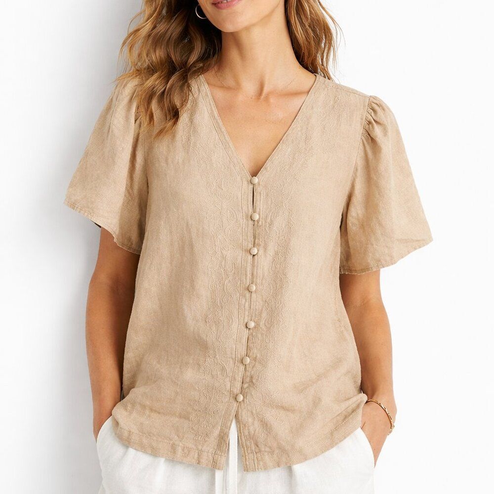 Crown Ivy Tan Button Front Boho Blouse V Neck Embroidered Linen/Cotton Top 1X